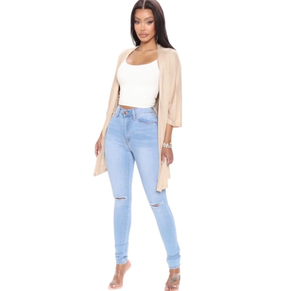 Fashion Nova Kiara Slit Knee Stretch Skinny Jeans Light Blue Wash - Picture 1 of 4